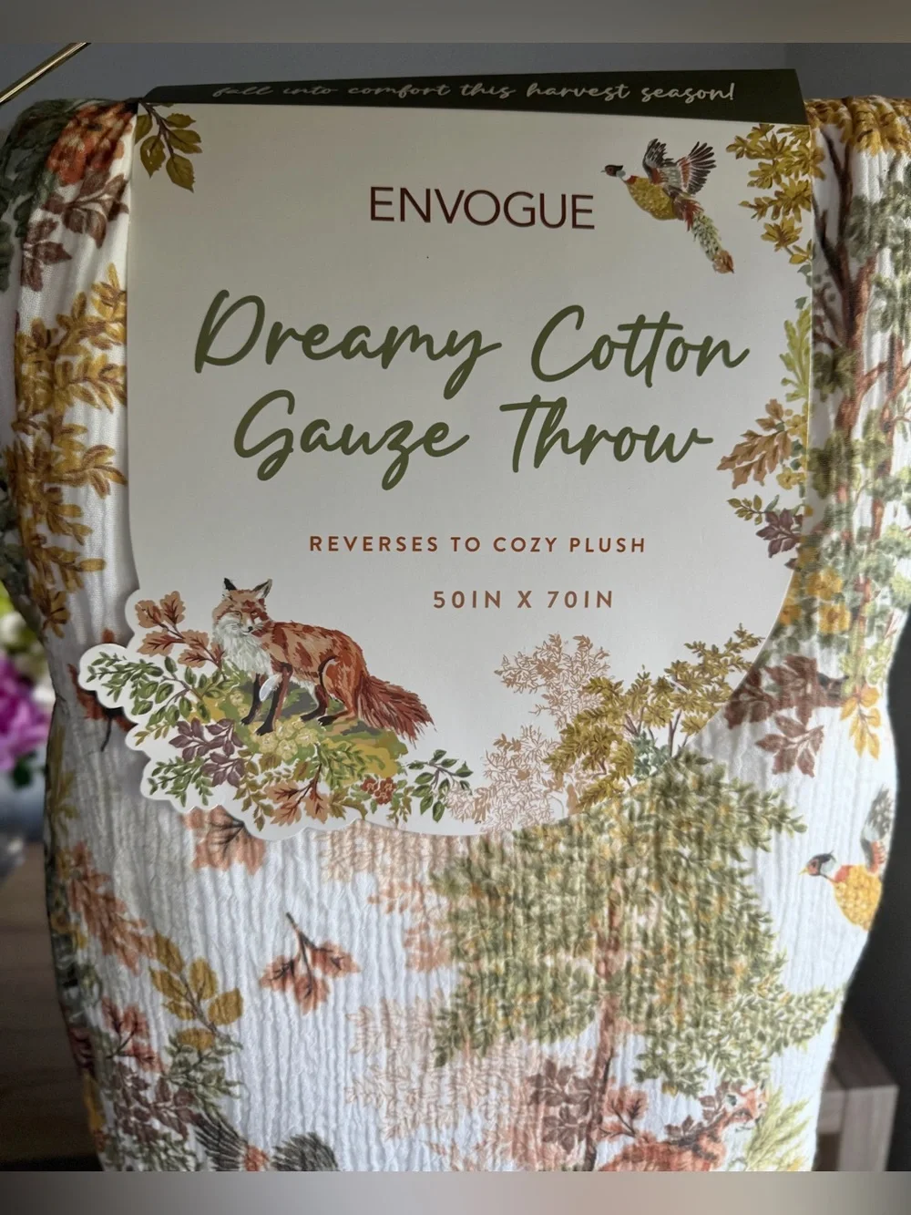 ENVOGUE Dreamy cotton gauze throw fall harvest forest leaf owls fox cottage core